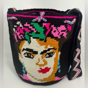 Frida Kahlo Tote Wayuu Shoulder Bag Black- Pink HANDMADE